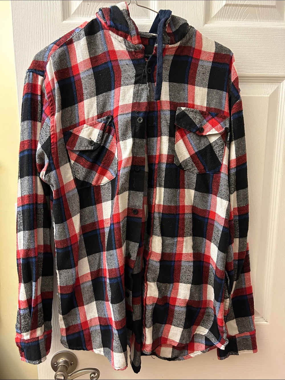 Men's Hooded Plaid Button-Down Shirt in Red, Black & White